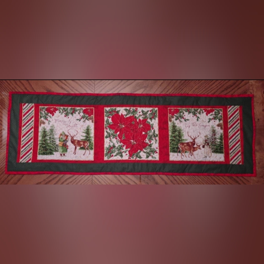 NEW and Handmade! Christmas Table Runner - Poinsettias and Reindeer - 15 X 46 In